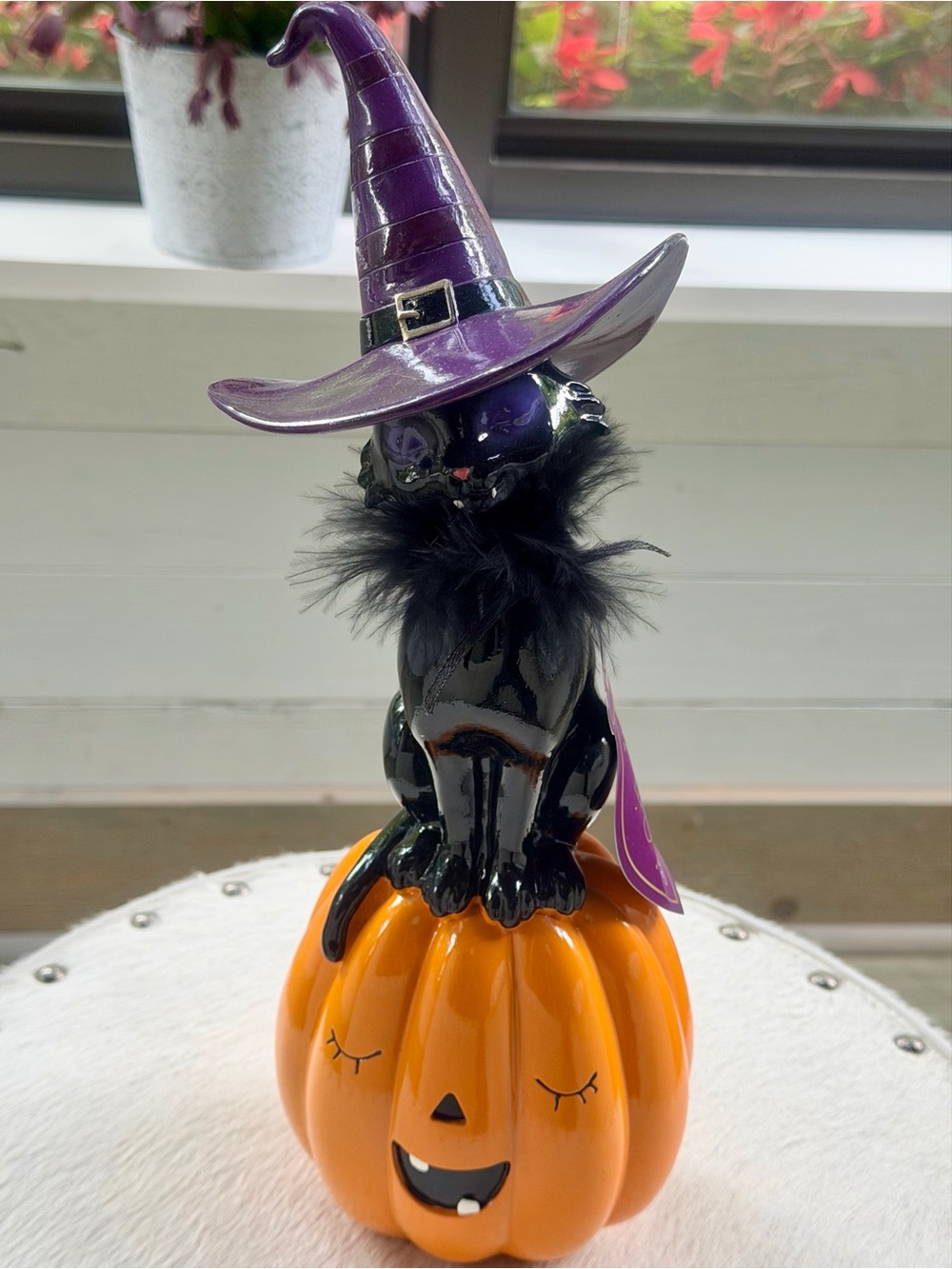 Eerie Charm Black Cat Vampire On Pumpkin Figurine 14” Witchy Halloween Decor NWT